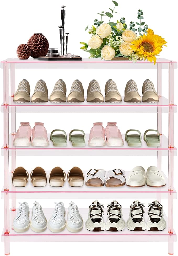 5-Tier Acrylic Shoe Rack in Clear Pink, 22 lbs per Shelf, 5mm Thick Modern Shoe Organizer for Entryway, Living Room, Closet Storage (Pink)