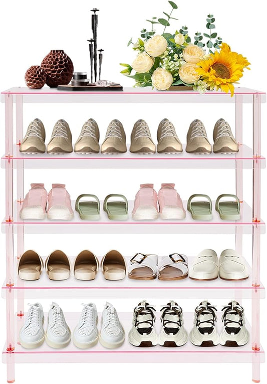 5-Tier Acrylic Shoe Rack in Clear Pink, 22 lbs per Shelf, 5mm Thick Modern Shoe Organizer for Entryway, Living Room, Closet Storage (Pink)