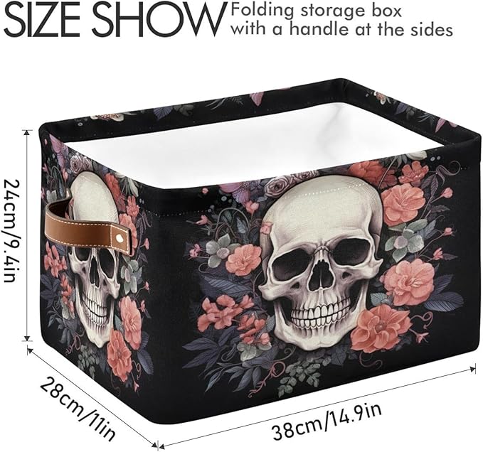 Halloween Basket Black Rose Skull Baskets with Handles Collapsible Organizer Box Shelf Storage Baskets for Holiday Home Decor 1PC
