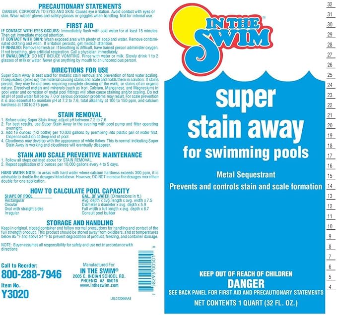In The Swim Super Stain Away - The Ultimate Swimming Pool Stain Remover – Prevents Stains, Scaling, and Build-Up in Swimming Pools - 1 Quart