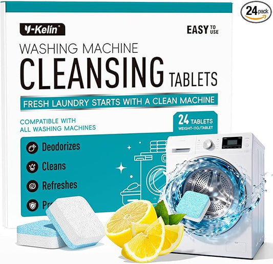 Y-Kelin Washing Machine Cleaner Tablets, 24 Pack - Up to 1 Year Supply, for HE Front & Top Load Washers, Septic Safe, Removes Odors & Residue, Fresh Scent