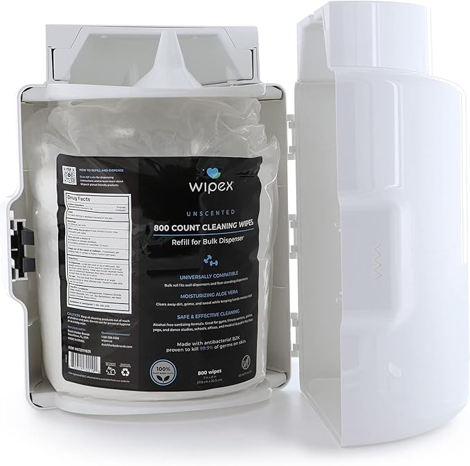 Wipex Gym & Fitness Wipes, 800 ct with BZK Antiseptic Refill Roll for Dispensers 2 Packs (1600 Wipes)