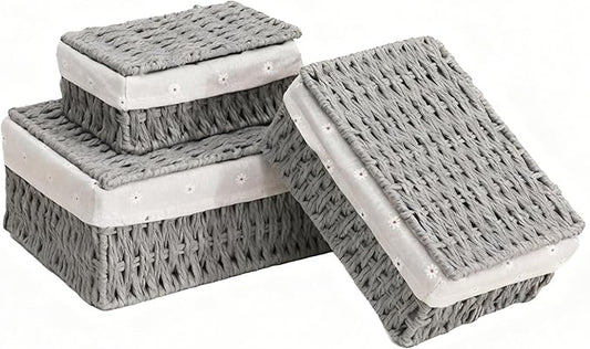 Wicker Shelf Basket with Lid Paper Storage Baskets for Shelves Medium Storage Bin with Removable Liner Nesting Decorative Woven Basket for Makeup Closet Organizer (Medium, Grey)