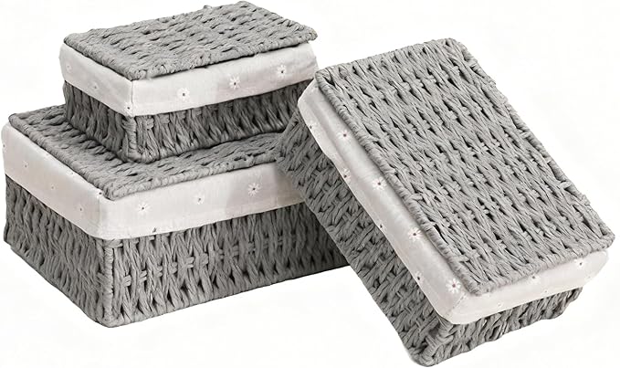Wicker Shelf Basket with Lid Paper Storage Baskets for Shelves Small Storage Bin with Removable Liner Nesting Decorative Woven Basket for Makeup Closet Organizer (Small, Grey)