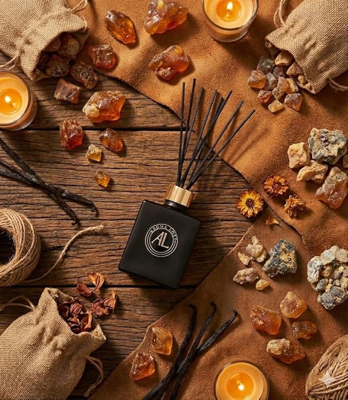 Reed Diffuser - Fragrance Diffuser for Home - 5 oz. Oil Diffuser Sticks - Bathroom Diffuser Set- Oil Diffuser Reeds - Scent Sticks in Oil-Office Smell Good Stuff (Black, Rustic Amber)