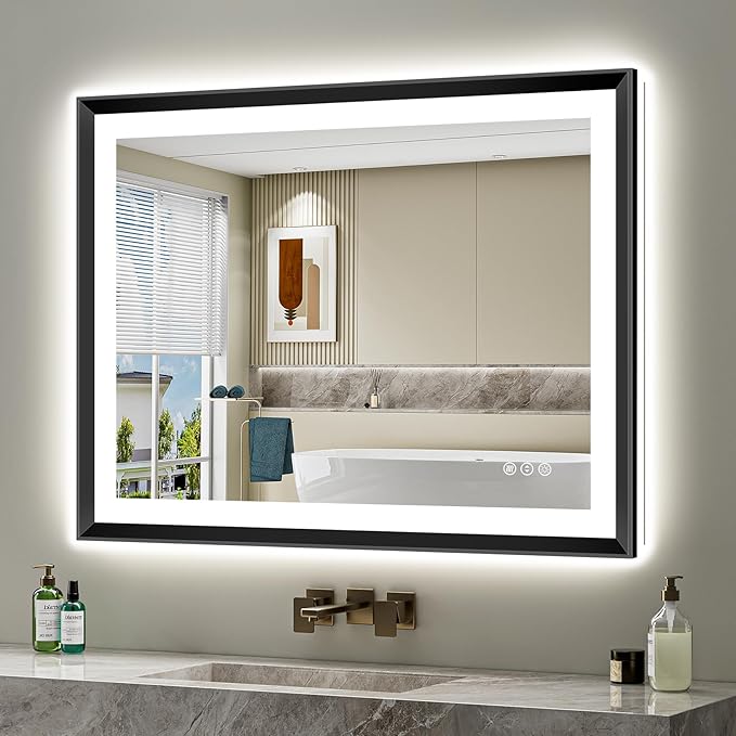 40x30 Black Framed LED Bathroom Mirror with Lights, Backlit and Front Light, Lighted Bathroom Vanity Mirror for Wall Dimmable Anti-Fog Memory Tempered Glass Horizontal/Vertical