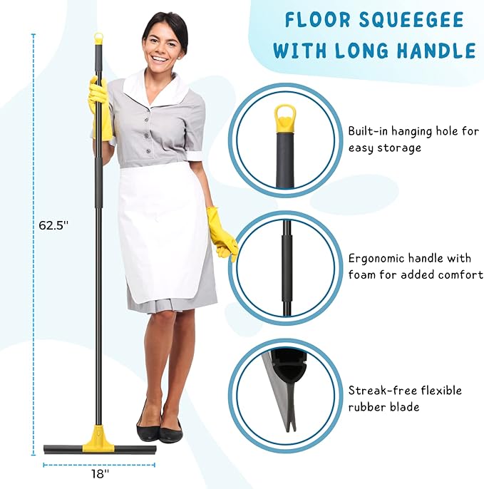 Squeegee Broom for Floor, 18'' Rubber Squeegee with 60'' Long Handle, Shower Squeegee for Shower Glass Door, Rubber Squeegee for Bathroom Tile and Mirror
