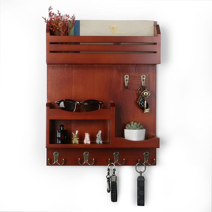 Key Holder for Wall, Wall Mounted Mail Organizer with 6 Metal Key Hooks, Key Racks for Home Entryway Decor, Luxury Auburn