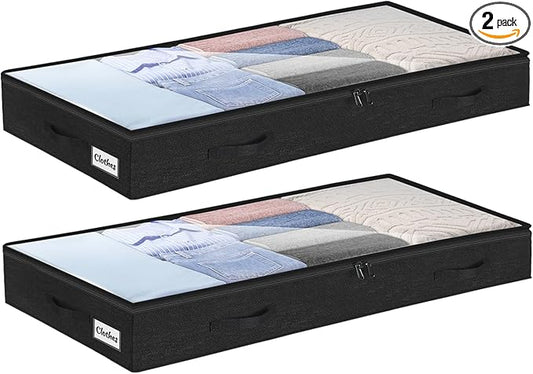 4 Inch Low Profile Under Bed Storage Drawer 2 Pack, Lightweight Underbed Clothes Storage Container Bins with NO STURCTURE, Shallow Storage Bag for Dorm & Home, With Clear Lids & Water-Resistant Fabric