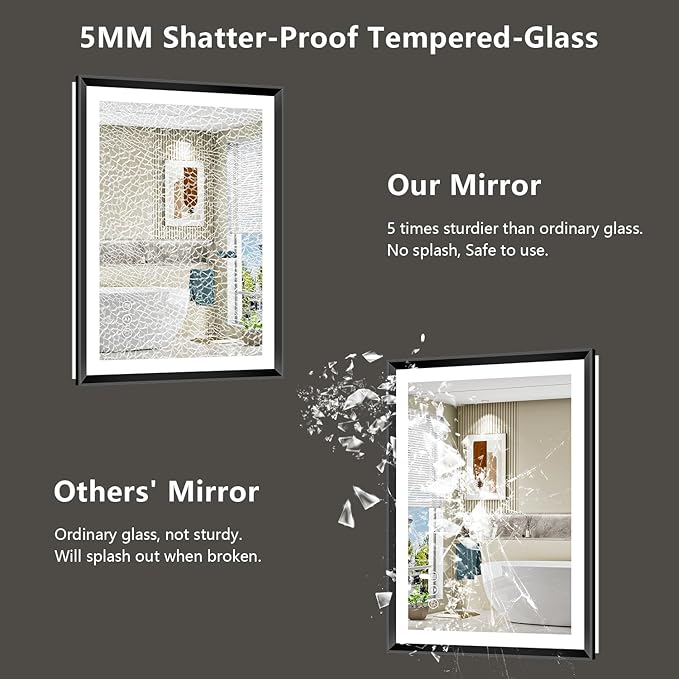 40x30 Black Framed LED Bathroom Mirror with Lights, Backlit and Front Light, Lighted Bathroom Vanity Mirror for Wall Dimmable Anti-Fog Memory Tempered Glass Horizontal/Vertical