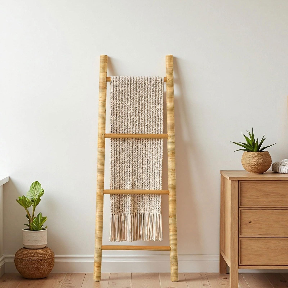 4-Tier Rattan Blanket Ladder Shelves, 3.9Ft (47Inches) - Image 1