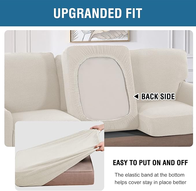H.VERSAILTEX Multi-Pieces Chair Covers Stretch Couch Covers Form Fitted Seat and Back Cushions Covers (1 Seat Cover Plus 1 Back Cusion Cover, Bonus 2 Armrest Covers), Ivory