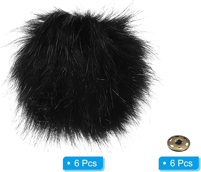 Patikil Faux Fur Pom Pom Balls for Hats, 6 Pcs Fluffy Soft Fur Balls with Snap Button for Keychain, Knitting Hats, DIY Scarves, Gloves, Bag, Christmas, Black