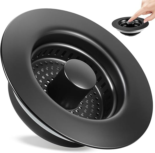 Kitchen Sink Drain Strainer 3 in 1, 304 Stainless Steel Pop Up Sink Stopper, Anti-Clogging Sink Drain Strainer for US Standard Kitchen Drain (Matte Black)