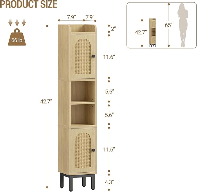 Slim Bathroom Storage Cabinet, Narrow Bathroom Organizers and Storage with 4 Adjustable Feet, Laundry Room Organization for Small Space, Kitchen, Living Room, 2 Doors Rattan Yellow BC22402Y
