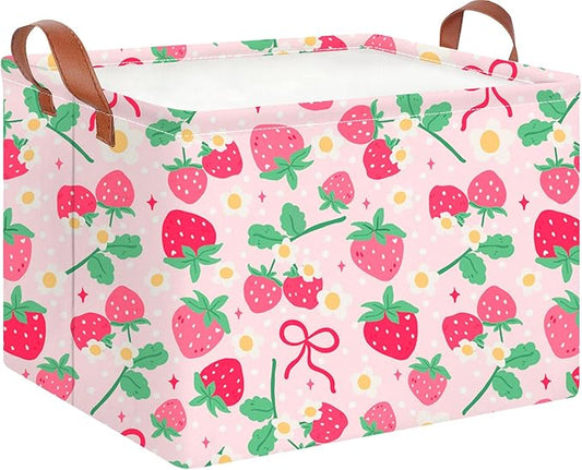 CLOCOR Rectangular Storage Basket Empty,Gift Basket,Waterproof Storage Bin with Handles,Room Decor(Sweet Strawberry)