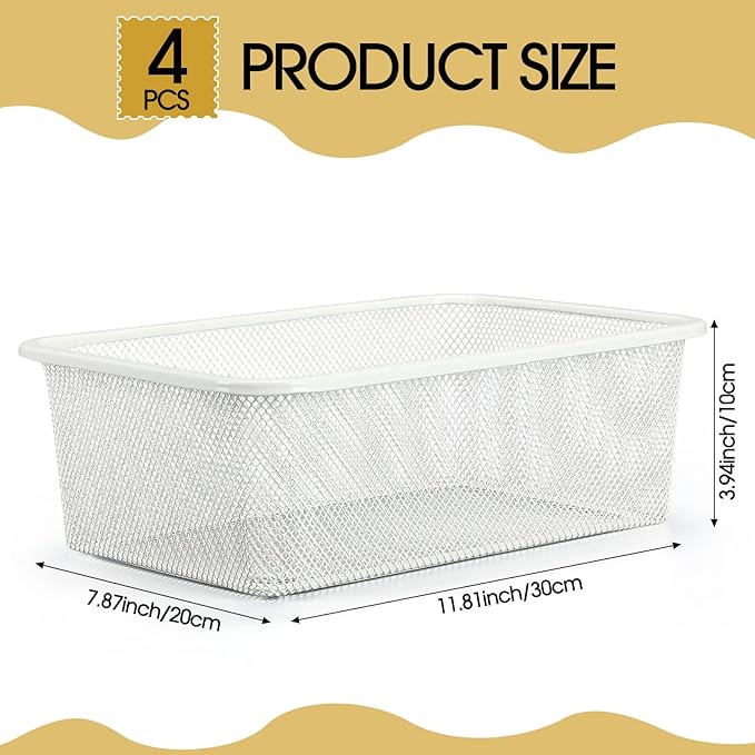 4 Pcs Metal Wire Basket Metal Mesh Basket Pantry Organizers Bin Containers for Home Organizing Cabinet Pantry Closet Kitchen Fridge Fruit Makeup Snacks Gifts(White,Small)
