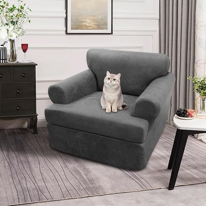 2-Pieces T Cushion Armchair Slipcovers Leather Look Couch Cover Chair Covers Stretch Furniture Protector Sofa Cover with 1 Individual T Cushion Seat Cover Slipcover Sets Washable, Grey