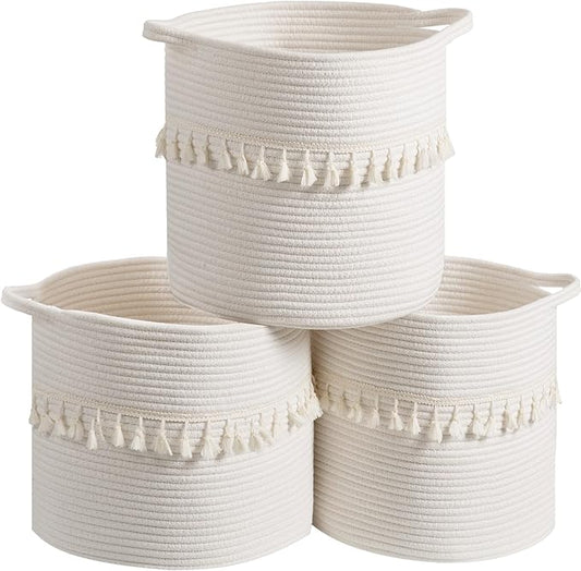 danpinera 3 Pack White Storage Baskets, 11"x11" Soft Woven Baskets for Storage and Decor in Bedroom, Nursery, Closet, Small Round Rope Baskets for Shelves, Decorative Storage Basket
