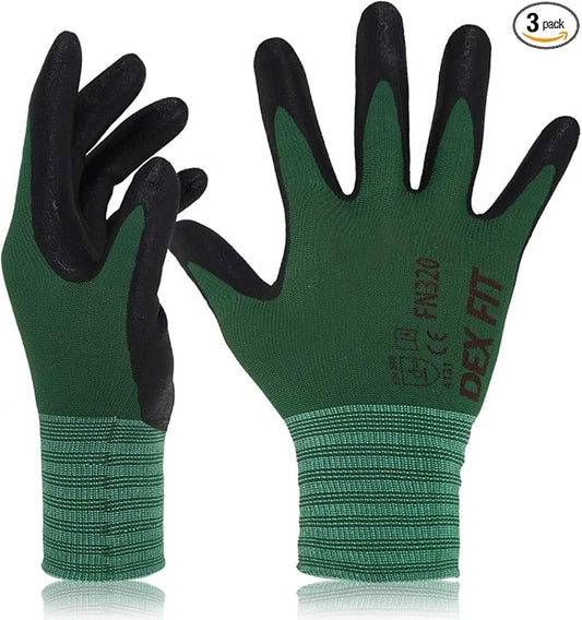 DEX FIT Premium Nylon Nitrile Work Gloves FN320, 3 Pairs, 3D-Comfort Stretchy Fit, Firm Grip, Thin & Lightweight, Durable, Breathable & Cool, Machine Washable; Forest Green 7 (S)