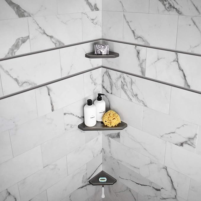 Questech 8" Corner Shower Shelf - Lugged for New Construction, Shower Organizer for Tiled Walls, Corner Caddy Soap Dish Bathroom Storage, Geo Lugged, Brushed Nickel Finish