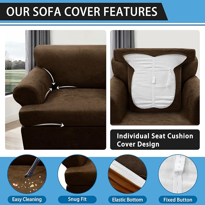 2-Pieces T Cushion Armchair Slipcovers Leather Look Couch Cover Chair Covers Stretch Furniture Protector Sofa Cover with 1 Individual T Cushion Seat Cover Slipcover Sets Washable, Dark Brown