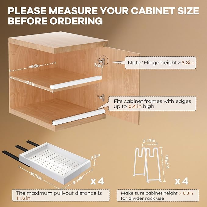 4 Pack Pull out Cabinet Organizer 21" Deep With Raising Pad for Framed Cabinets, Expandable (9"-14" W) Slide out Drawers for Kitchen Cabinets with 4pcs Divider Racks, Roll out Shelves, White