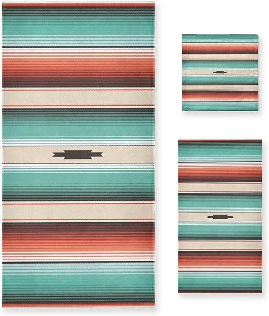 3 Piece Mexican Serape Bath Towel Set,Microfiber Decorative Turquoise Navajo Ethnic Colorful Striped Mexican Bathroom Towels,1 Bath Towel 1 Hand Towel for Bathroom Kitchen,1 Washcloth for Face