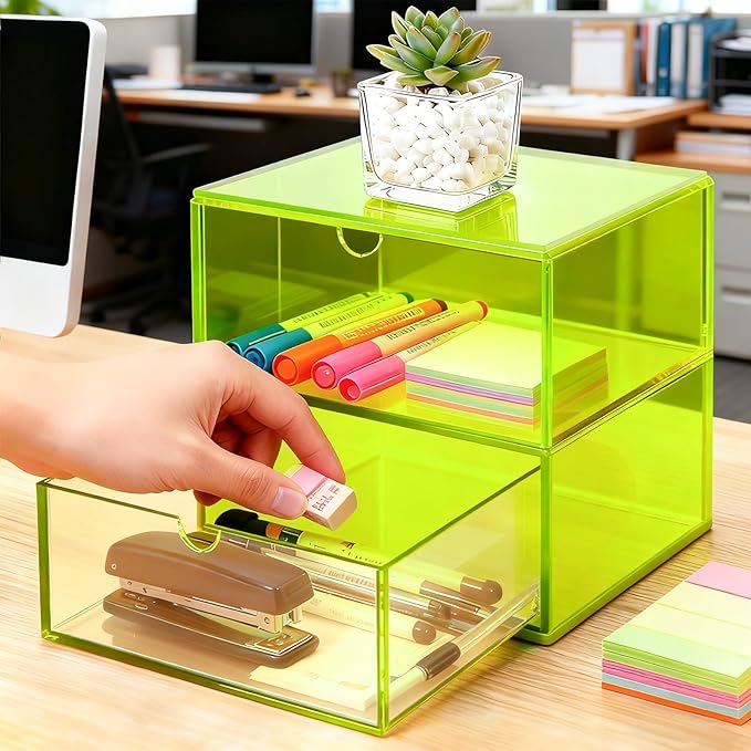 Acrylic Desk Organizer with Drawers Stackable Makeup Organizer for Vanity Office Countertop Cosmetic Display Cases Makeup Storage Box, Neon Green