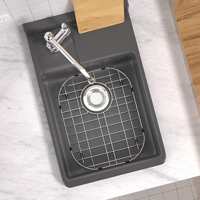SANNO Sink Protector Grid for Kitchen Sink, 14.57" L X 11.22" W Bottom Grid with Rear Drain Hole, Single Bowl Sink Rack, Stainless Steel 1 Pack