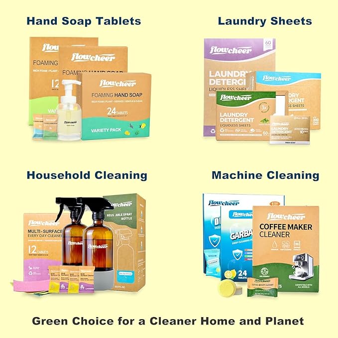 Flowcheer All Purpose Cleaner Concentrate Refills, Multi Surface Clean Refill,No Toxic Cleaning Tablets(12Pack)-Makes 192 fl oz(12x16Fl oz)Bottles of Spray Cleaner for Household&Kitchen Cleaning-Lemon