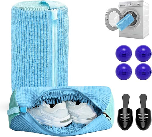 2PCS Shoe Washing Machine Bag with Pair of Shoe Tree and 4 Deodorizer Balls, Durable Zipper Reusable Shoe Washing Bag with 20000+ Fluffy Fiber Lining For 360° Cleaning for Sneakers (Blue)