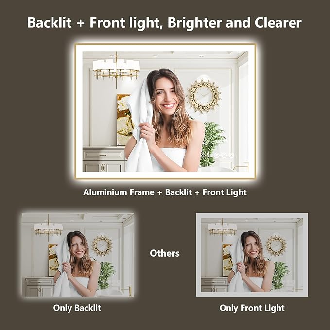 44x36 Inch LED Bathroom Mirror with Lights (Front Lit and Backlit) Gold Framed Lighted Vanity Mirror for Bathroom Wall Dimmable Anti-Fog Memory Tempered Glass Horizontal/Vertical