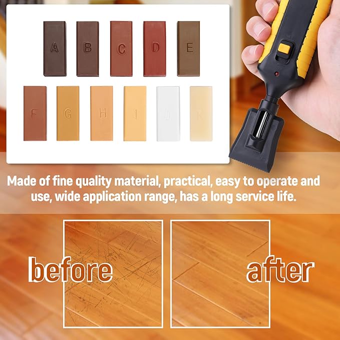 Floor Repair Kit, 11 Colors Wax Sticks and Heat Pen Floor Worktop Floor Furniture Repair Kit for Wooden Door, Floor, Table (Only Consumable)