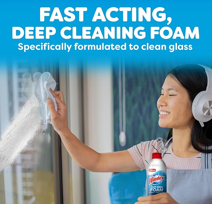 Windex Fast Shine Foam Glass Cleaner Supplies, No-Drip Window & Mirror Aerosol Spray, Streak-Free, Removes Fingerprints, Dust, & Dirt, 19 oz (Pack of 6)