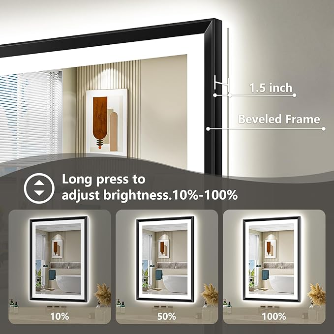 24x36 Black Framed LED Bathroom Mirror with Lights, Backlit and Front Light, Lighted Bathroom Vanity Mirror for Wall Dimmable Anti-Fog Memory Tempered Glass Horizontal/Vertical