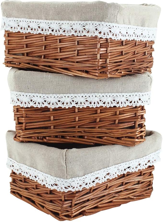 KINGWILLOW Wicker Storage Basket with Liner 3pcs Small Willow Rectangular Handmade Basket for Sundries neatening, (3pcs)