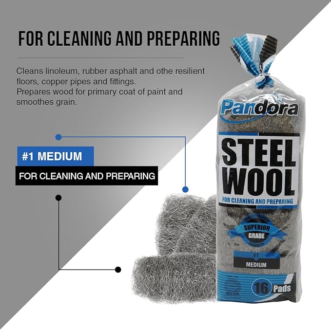 Pandora Steel Wool #1 – Medium Grade, 48 Pads for Cleaning and Preparing- Metal Strands - Ideal for Linoleum Floors, Bowling Balls, and Shoe Soles