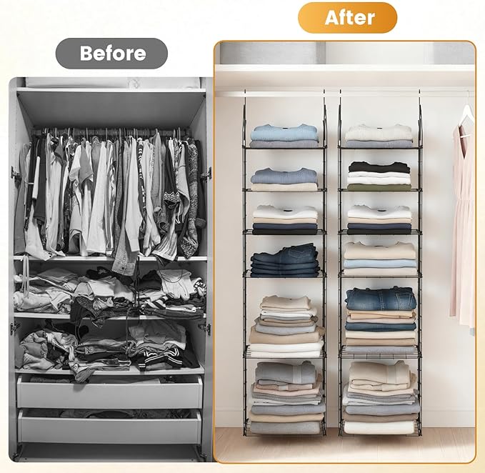 2 Pack Hanging Closet Organizer, 5 Tier Stackable Closet Organizer Foldable Closet Organizers and Storage Hanging Shelves with Hanging Hooks for Closet Clothing Sweaters Pants Shoes Handbags