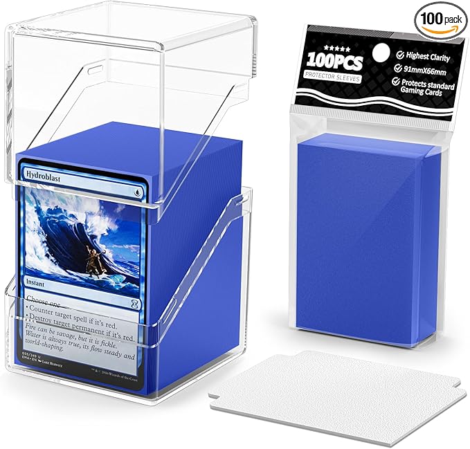 Card Deck Case, Deck Box with 100 Pack Card Sleeves and Divider, Standard Size Clear Commander Cards Storage Box Fit for MTG, Sport, Trading Cards (Navy Blue)