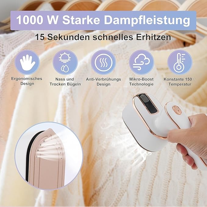1000W Travel Steam Iron - 15s Fast Heating, 180° Foldable Portable Steamer - Mini Size for Home & Travel