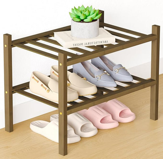 Smiry Bamboo Shoe Rack for Closet, 2 Tier Small Wooden Stackable Shoe Organizer, Free Standing Shoes Storage Shelf for Entryway, Front Door Entrance, Walnut