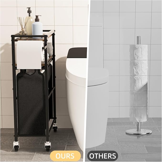 Toilet Paper Holder with Storage Bag & Wheels - Freestanding Bathroom Organizer Holds 9 Rolls for Small Spaces, Essentials Storage Beside Toilet-Brown
