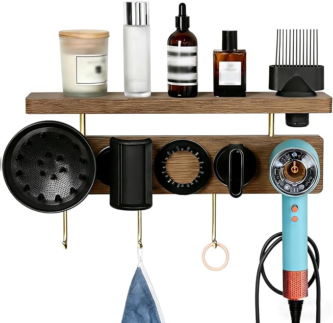 Affogato Hair Dryer Holder Wall Mount Compatible with Dyson Supersonic, Blow Dryer Accessories and Attachments Organizer Storage Rack, Wood