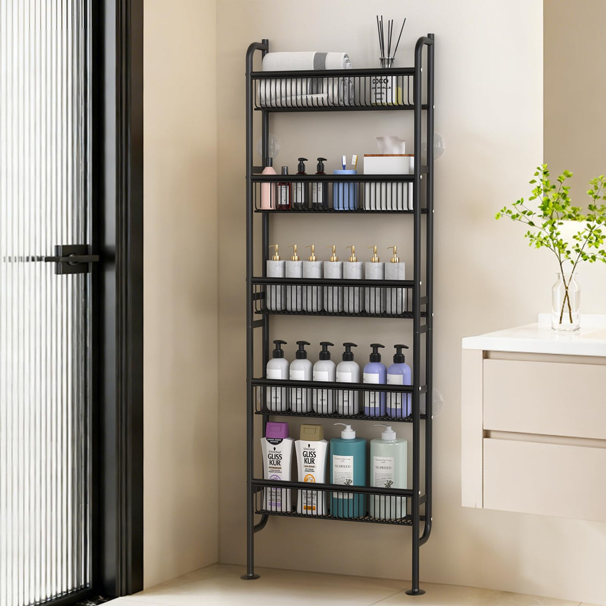 NECHEGE Slim Shelf Behind Door Storage Rack, 5-Tier Multi-Purpose - Image 1