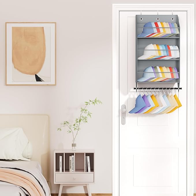 Over the Door Hat Rack - 3-Layer Design Hat Organizer Holds 30-36 Hats with 10 Hooks, Ideal Hat Rack for Door, Over the Door Organizer for Closet, Apartment, Bedroom, Dorm, 1 Pack, Grey