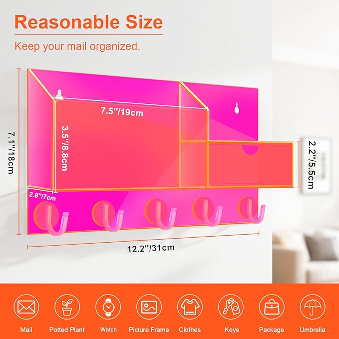 Acrylic Key Holder Wall Mount Mail Organizer for Wall with Shelf Storage Drawer and 5 Hooks, Neon Pink