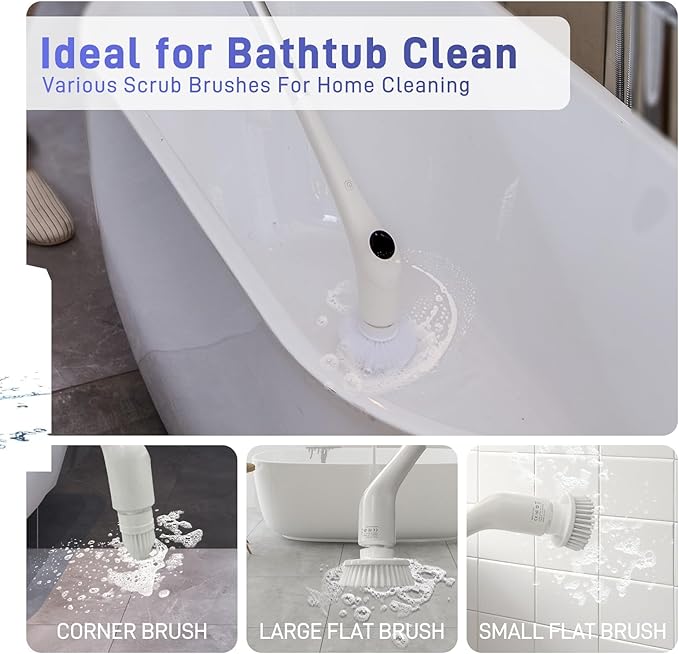 Electric Spin Scrubber - Bathtub Shower Scrubber,Bathroom Cleaning Brush Floor Brushes with Long Handle,Power Cordless Automatic Handheld Mop Cleaner for Bath Tub Kitchen Tile Grout Hardwood