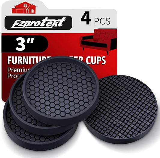 Ezprotekt Non Slip Furniture Pads, 4 Pcs 3" Rubber Caster Cups, Anti Skid Furniture Coasters for Hardwood Floors, No Slide Furniture Gripper, Floor Protector for Bed Couch Furniture Stoppers (Black)
