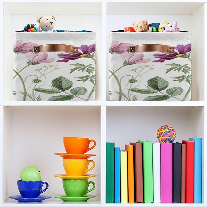 xigua Storage Basket Elegant Wildflowers Storage Bin with Handle, Large Storage Cube Collapsible for Shelves Closet Bedroom Living Room 1PC
